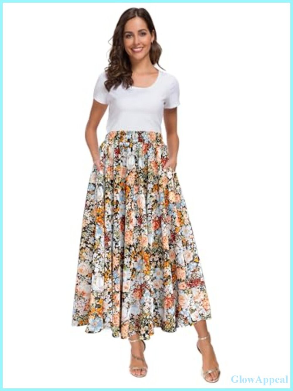Afibi High Waist Floral Print A-Line Midi Skirt with Pockets